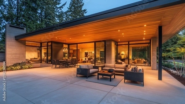 Fototapeta Modern Luxury Home with Spacious Patio at Sunset, Embracing Golden Hour Warmth and Elegance