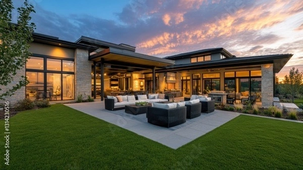 Fototapeta Modern Luxury Home with Spacious Patio at Sunset, Embracing Golden Hour Warmth and Elegance