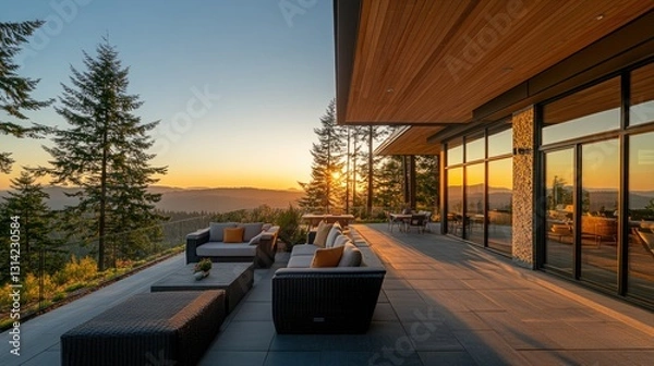Fototapeta Modern Luxury Home with Spacious Patio at Sunset, Embracing Golden Hour Warmth and Elegance