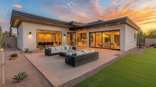 Fototapeta Modern Luxury Home with Spacious Patio at Sunset, Embracing Golden Hour Warmth and Elegance