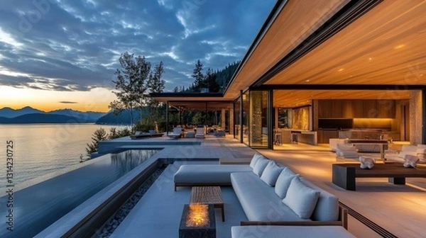 Fototapeta Modern Luxury Home with Spacious Patio at Sunset, Embracing Golden Hour Warmth and Elegance