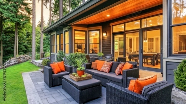 Fototapeta Modern Luxury Home with Spacious Patio at Sunset, Embracing Golden Hour Warmth and Elegance