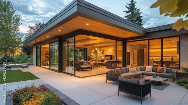 Fototapeta Modern Luxury Home with Spacious Patio at Sunset, Embracing Golden Hour Warmth and Elegance