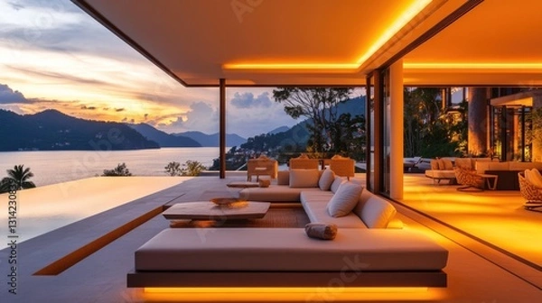 Fototapeta Modern Luxury Home with Spacious Patio at Sunset, Embracing Golden Hour Warmth and Elegance