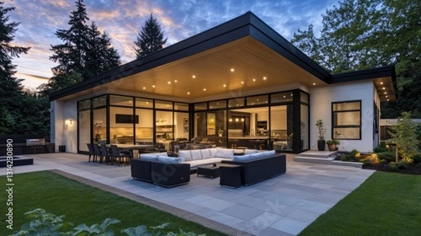 Fototapeta Modern Luxury Home with Spacious Patio at Sunset, Embracing Golden Hour Warmth and Elegance