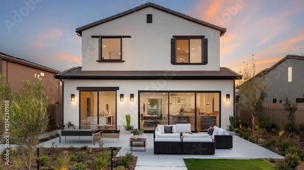 Fototapeta Modern Luxury Home with Spacious Patio at Sunset, Embracing Golden Hour Warmth and Elegance
