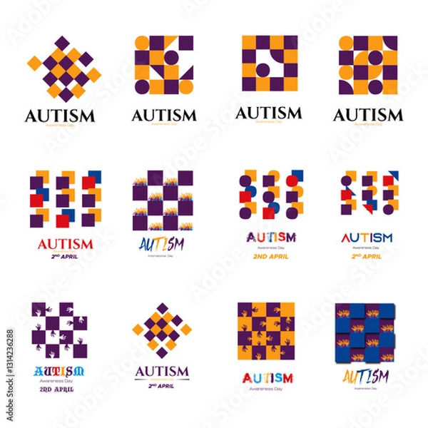 Fototapeta Autism Awareness Day Geometric Logo Collection, Abstract Puzzle and Checkerboard Patterns, Symbolic Designs Representing Neurodiversity, Inclusion, and Support for International Campaigns