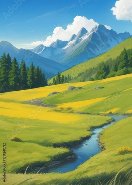 Obraz Anime Style High-Angle Shot of Stream Flowing through Green Meadow with Mountains, Blue Sky & Clouds; Landscape, Nature, Outdoors.