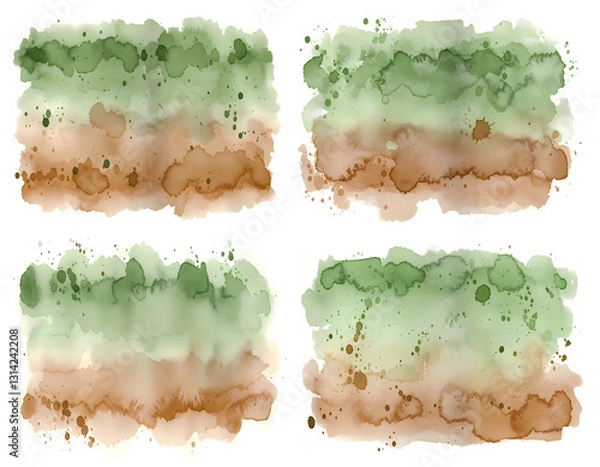 Obraz Watercolor texture abstract landscape green and brown gradient, organic shapes splatter effect, earthy tones soft edges fluid art transparent background.