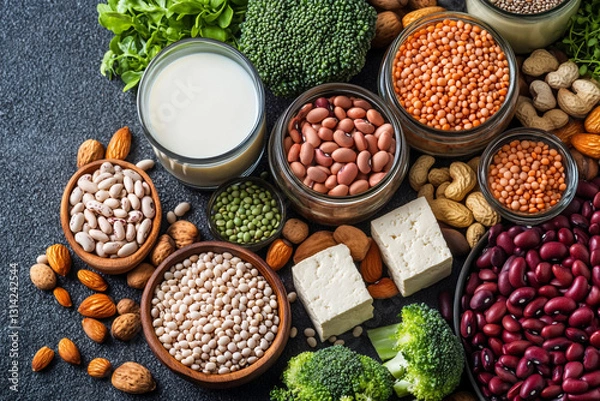 Fototapeta Vegan protein Plant based vegetarian food sources. Healthy eating, diet ingredients: legumes, beans, nuts, alternative milk, tofu, vegetables, seeds and sprouts. Food background