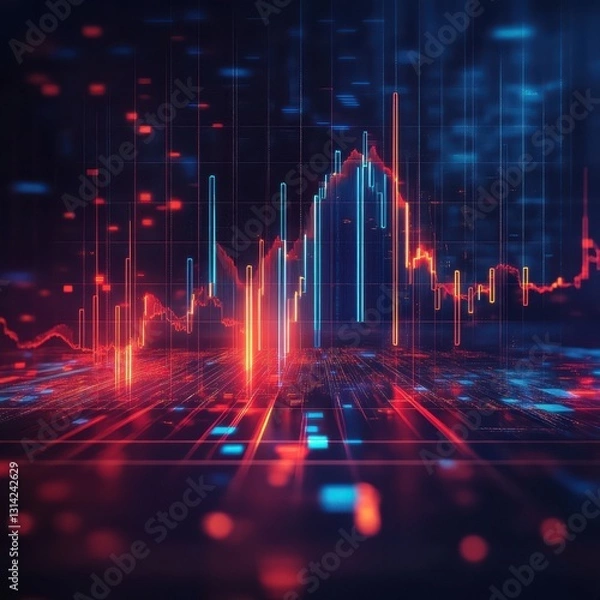 Obraz Low-Angle Close-Up of Stock Market Graph, Red and Blue Lights, Investment, Finance, Trading, Digital, Data, Chart, Trend, futuristic concept