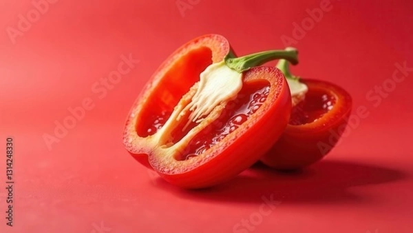 Fototapeta Close-up view of vibrant red bell peppers, halved and showcasing their juicy, seed-filled interiors, set against a matching red backdrop.