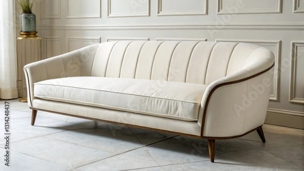 Fototapeta Elegant Curved Sofa: A sophisticated off-white curved sofa with vertical channel tufting and dark wooden legs sits elegantly in a bright, modern interior. 