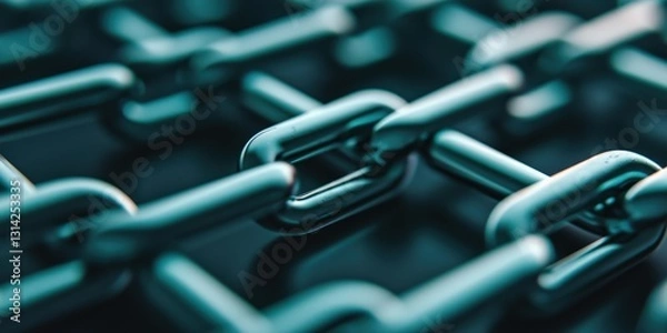 Fototapeta Financial Inclusion digital payments concept. Close-up of interlinked metallic chains on a dark surface.