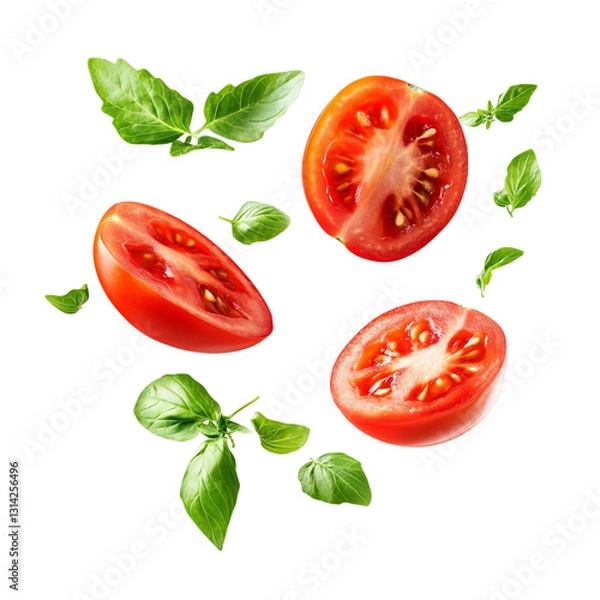Fototapeta  Tomato with half slices falling or floating in the air with green leaves isolated on background, Fresh organic fruit with high vitamins and minerals.