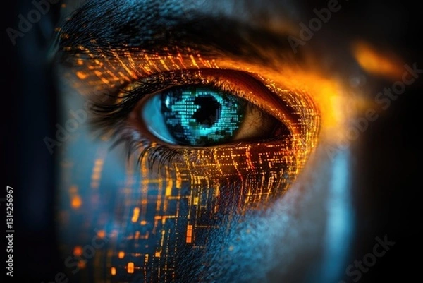 Fototapeta A close-up of an eye with digital code reflecting in the pupil, illuminated by warm and cool light.