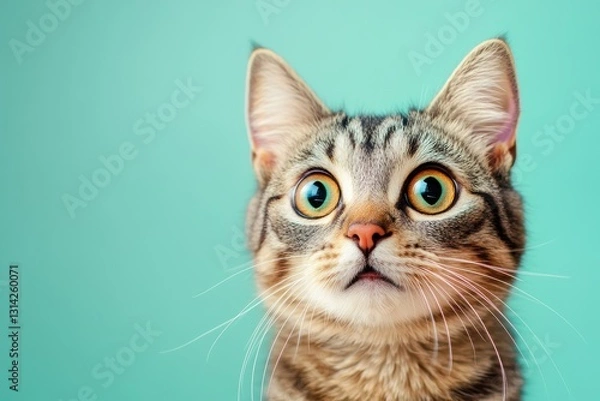Fototapeta Crazy surprised cat staring with big eyes, against a dynamic, colorful background for added fun