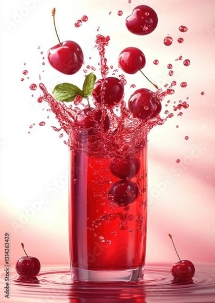 Fototapeta Cherry Juice Splash with Flying Cherries and Green Leaves on White Background