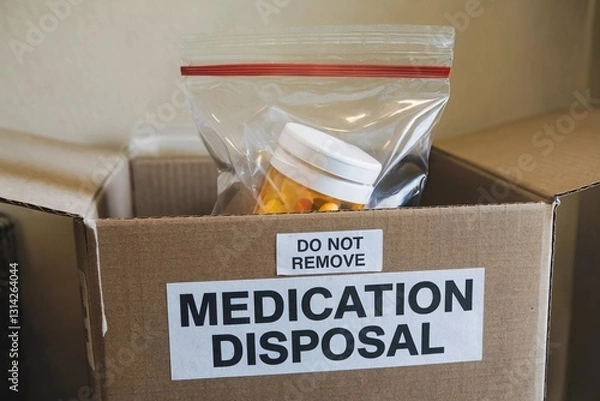 Fototapeta Instructions for safe medication disposal in a designated box at a healthcare facility