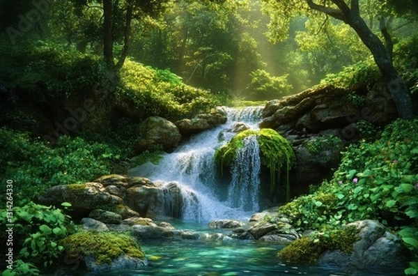 Fototapeta Waterfall in Southeast Asian Tropical Rainforest with Lush Greenery and Dense Foliage