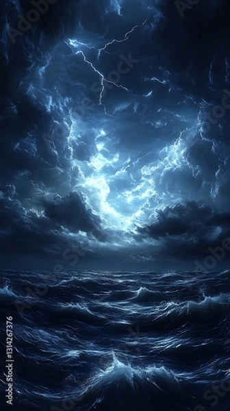 Fototapeta A dramatic seascape under a stormy sky illuminated by lightning.