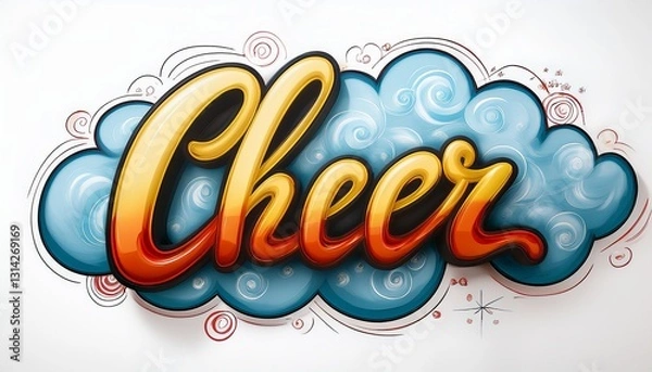 Fototapeta 낙서 스타일의 CHEER 손글씨와 주변을 감싸는 구름 장식