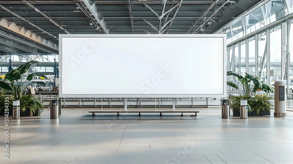 Fototapeta Large Blank White Billboard Advertising Space In Modern Airport Terminal Waiting Area With Plants And Seating