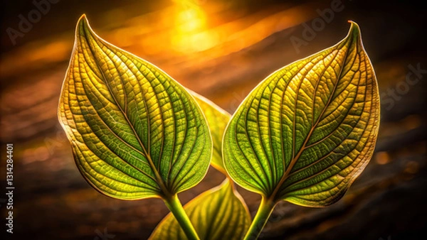 Fototapeta Dramatic close up of twin leaves unfolding like wings in soft light