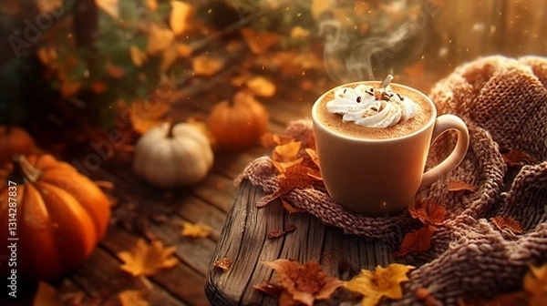 Fototapeta Steaming pumpkin spice latte with whipped cream, surrounded by autumn leaves and pumpkins on rustic wooden surface.