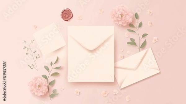 Fototapeta Elegant, pastel-toned stationery with envelopes, flowers, and greenery