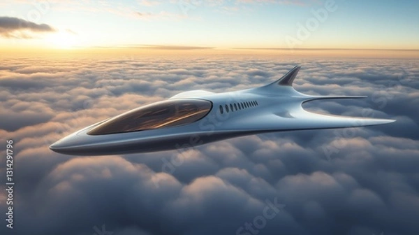 Fototapeta A sleek, white private jet soaring high above the clouds, captured in a realistic style with sharp details and vibrant colors. 