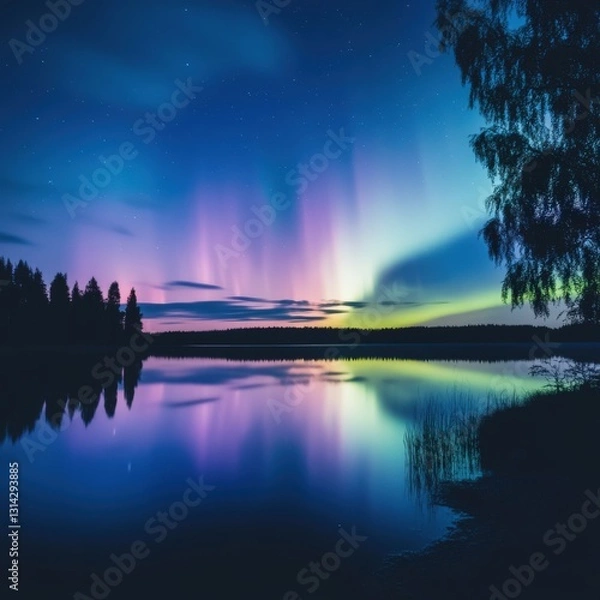 Fototapeta Aurora borealis over tranquil lake