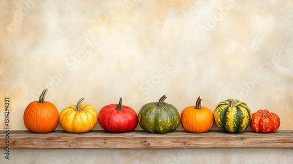 Fototapeta Colorful Assortment of Pumpkins and Gourds on Wooden Shelf Against Neutral Background for Autumn Decor