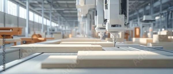 Fototapeta Automated furniture factory using AIguided CNC machining for smart home assembly, futuristic woodworking innovation