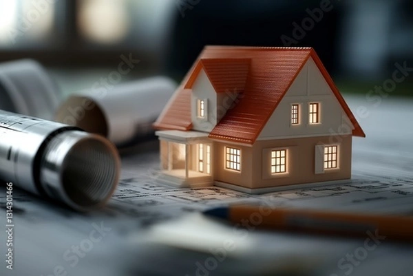 Fototapeta Miniature house model on blueprints with construction tools, evoking design and architecture themes