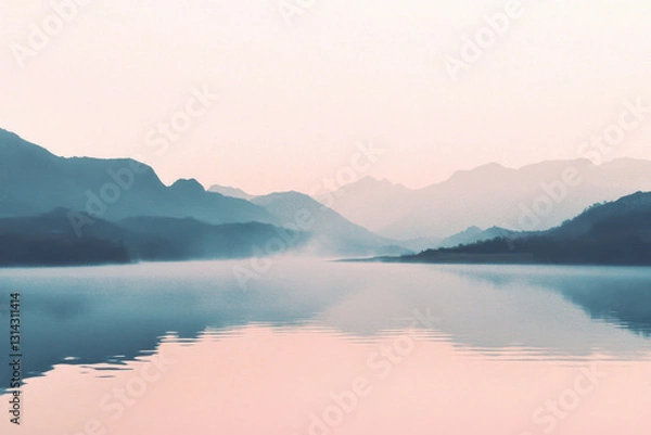 Fototapeta Tranquil misty lake with serene reflections of distant mountains under a soft pink sky, evoking a sense of peace and calm.