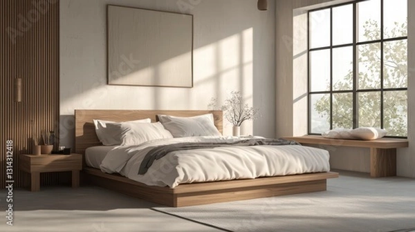 Fototapeta Serene Minimalist Bedroom: Sunlight streams through a large window in this calm and stylish bedroom, illuminating a minimalist bed with light wood frame and crisp white linens.