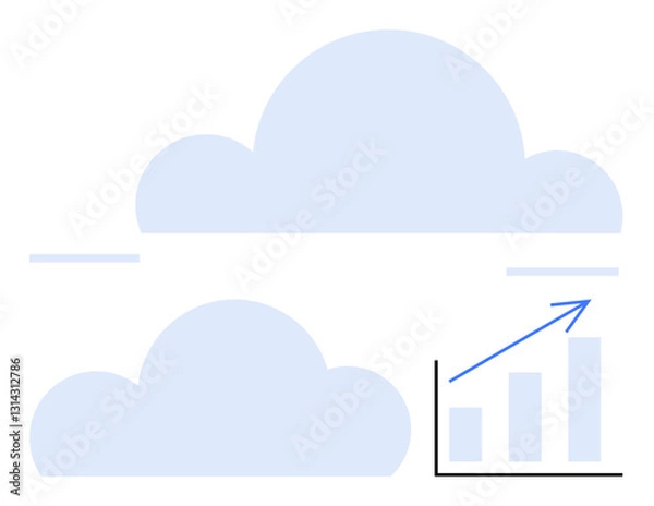 Fototapeta Two light blue clouds with minimal design alongside a bar chart showing upward growth arrow. Ideal for technology, business, data growth, cloud computing, analytics, digital strategy, performance