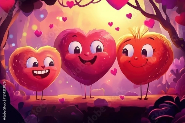 Obraz Valentine's Day theme with heart-shaped cartoon characters in pink and red.