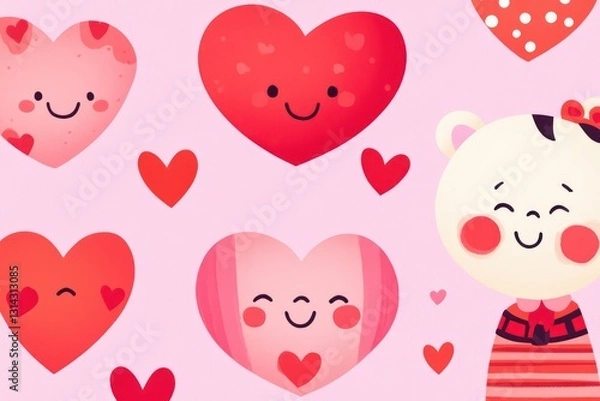 Fototapeta Valentine's Day theme with heart-shaped cartoon characters in pink and red.