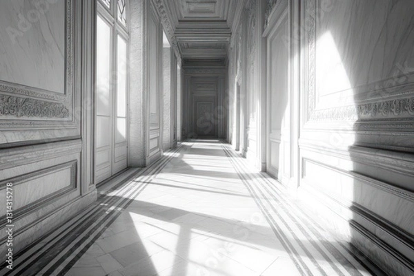 Fototapeta White marble ancient Greek corridor, sun casting long shadows across intricate friezes.