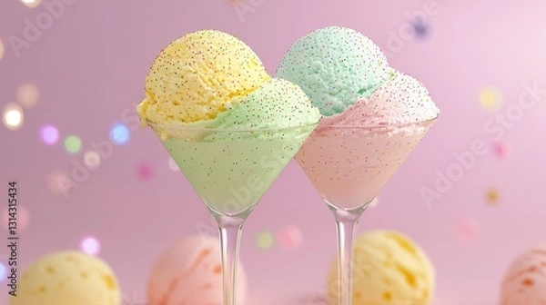 Fototapeta Colorful Ice Cream Scoops in Glasses with Sparkles and Soft Focus Background