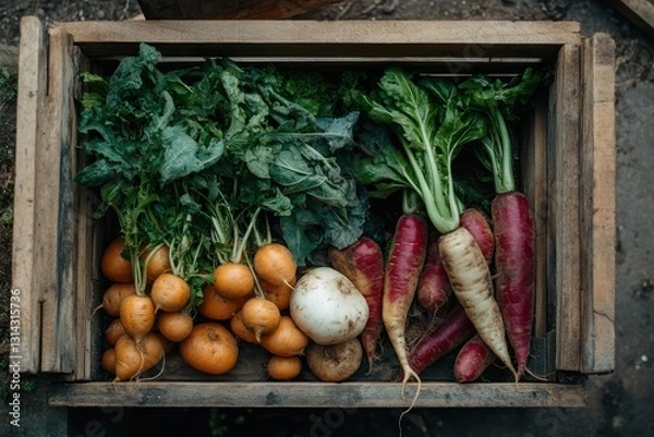 Fototapeta Wooden box filled with fresh vegetables, farm to table isolated