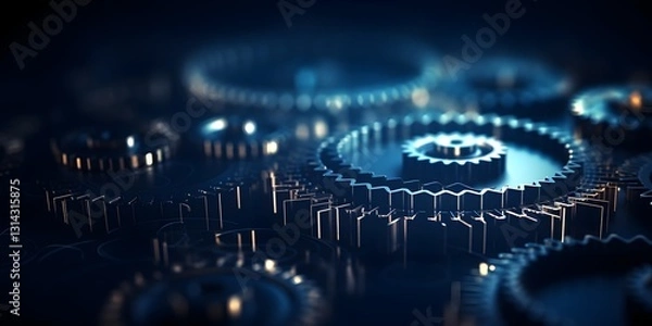 Fototapeta Abstract 3D Gears Mechanics Concept on Dark Background with Polygonal Mesh and Flare