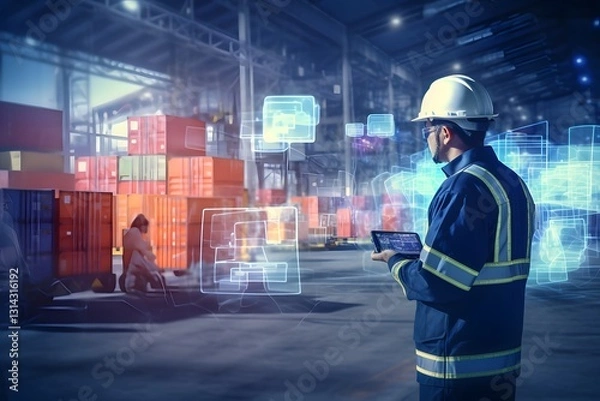 Fototapeta Cargo Logistics Transportation Import Export Technology at Industrial Port with Engineer and Container Management