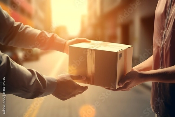 Fototapeta Closeup of Customer Receiving Parcel Delivery with Flare