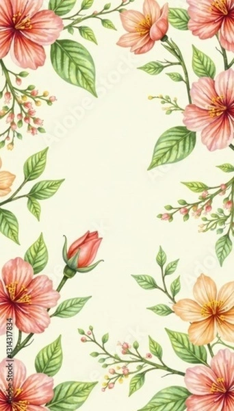 Obraz Beige watercolor floral pattern, seamless abstract design with green vines , flowing, illustration