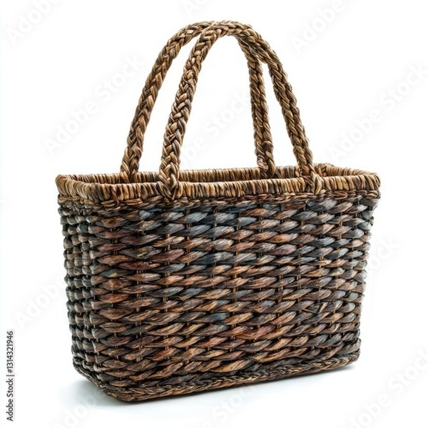 Obraz A handmade woven fabric bag with a rustic texture, isolated on a white background, emphasizing traditional craftsmanship.
