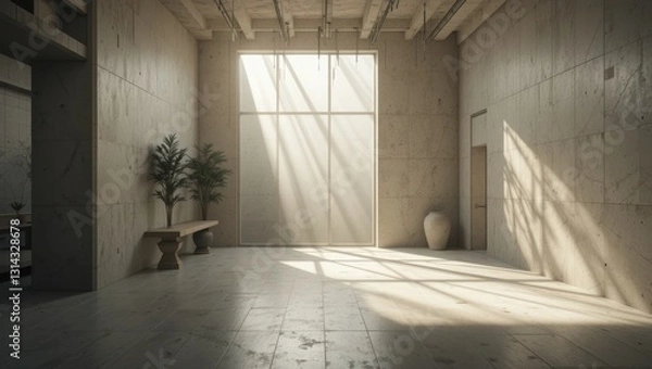 Fototapeta Minimalist Interior Space With Natural Light Streamed Through Large Window And Concrete Walls