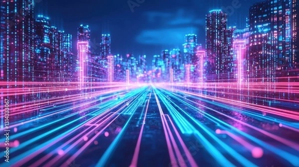 Fototapeta 3D Earth in a futuristic data transfer scene, illuminated by bright neon lines, pulsating with global connectivity and data exchange.
